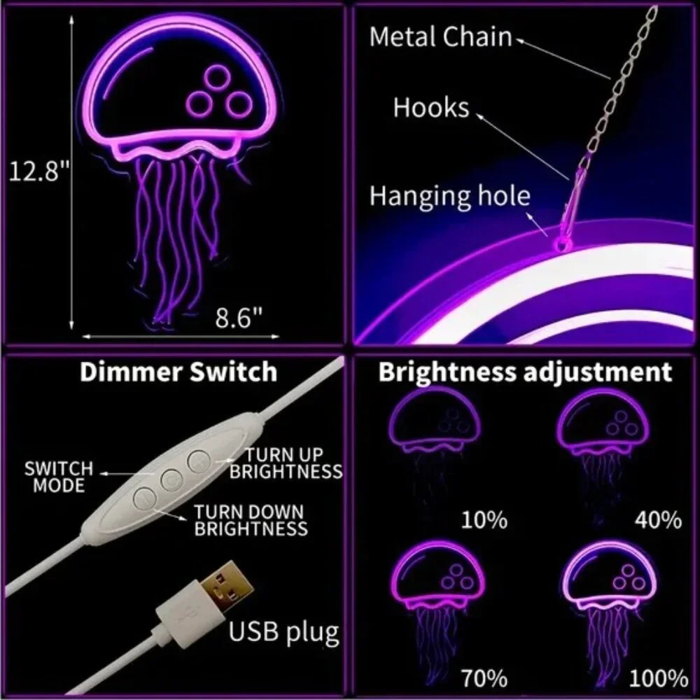 Jellyfish Purple Pink Neon LED Light Animal Wall Room Decor Patio Kid Teen Gift
